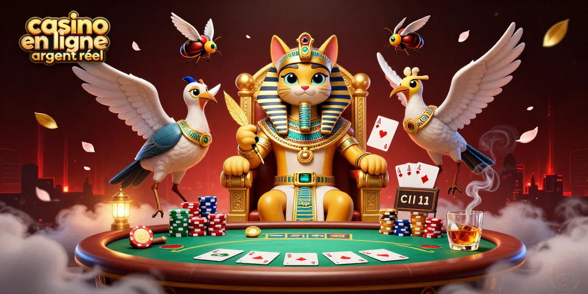 Découvrez casino en ligne argent réel avec ce visuel captivant de jeux de poker et un pharaon égyptien.