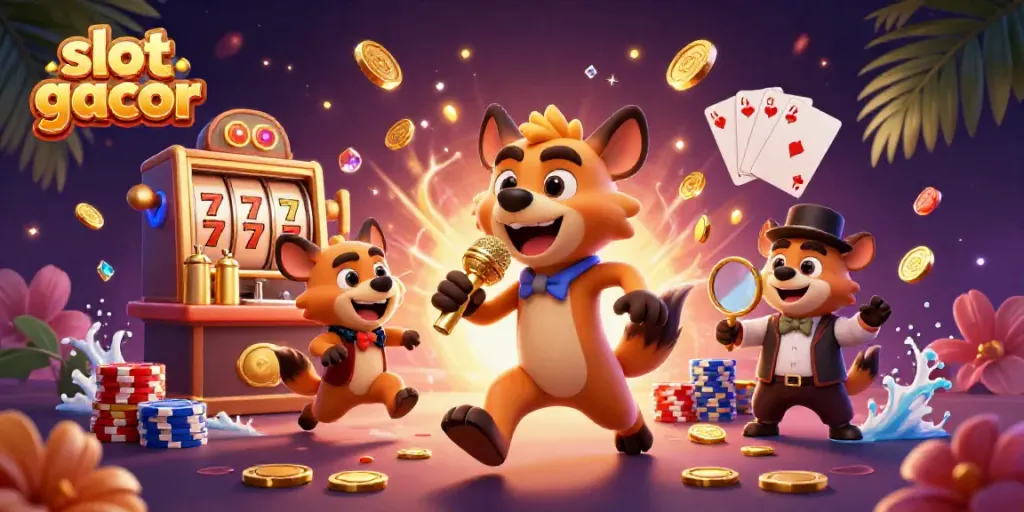 Experience thrilling gameplay with slot gacor in this vibrant 3D casino scene featuring animated hyenas.