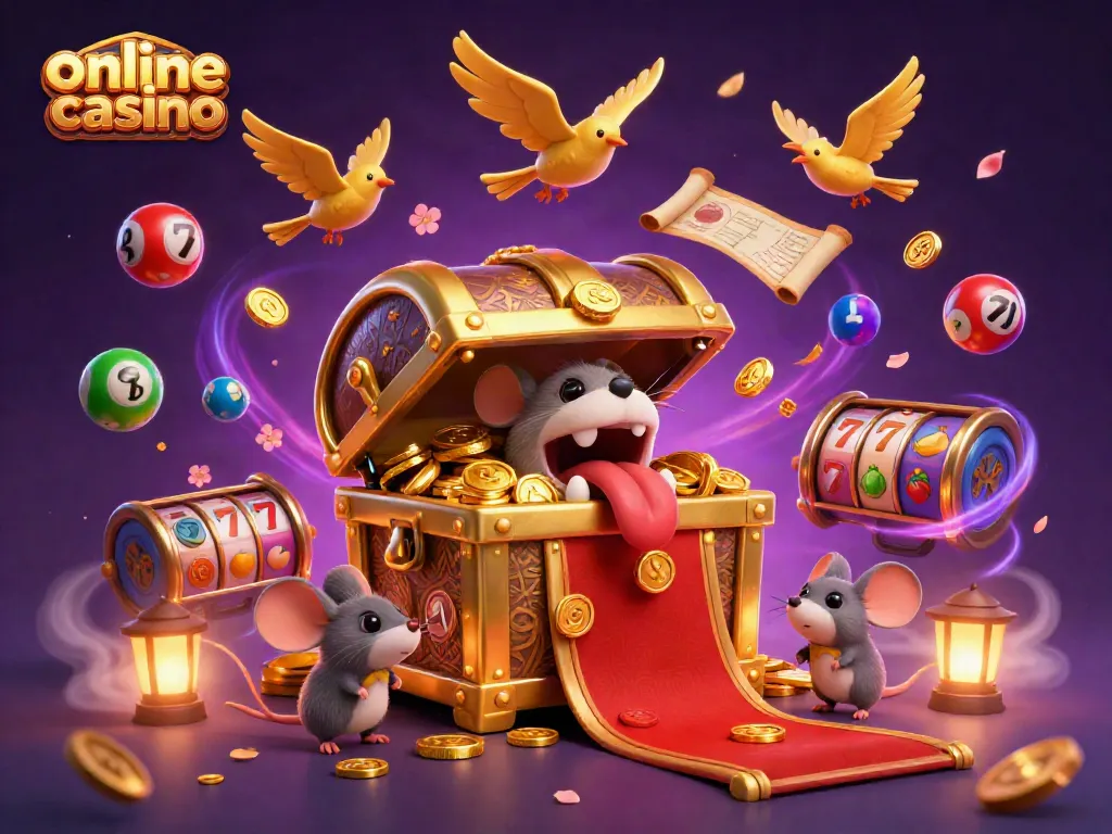 Engage in vibrant online casino adventures with treasure chests, slot reels, and lucky elements.