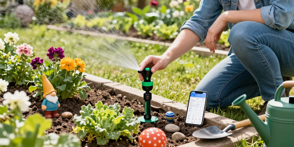 Homeowner using rainpoint water timer in a vibrant garden to optimize watering.