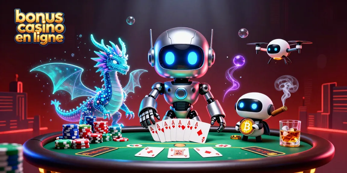 Découvrez une scène captivante de jeu avec un robot cyberpunk et des éléments de bonus casino en ligne.