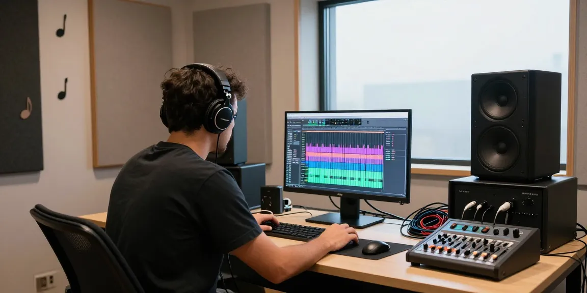 Sound design and audio editing course in a modern studio with a focused sound designer mixing tracks on a computer.