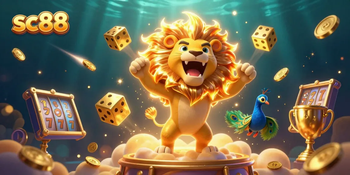 Experience thrilling sc88 slots with a roaring lion, golden dice, and dynamic game elements in this exciting illustration.