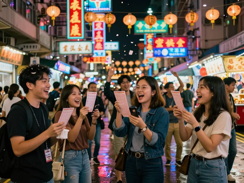 Excited group celebrating HK lottery wins in vibrant Hong Kong street.