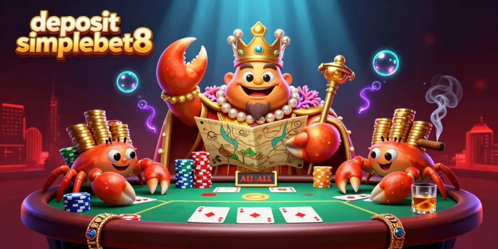 Experience the thrill of deposit simplebet8 while enjoying a vibrant casino scene with a golden crab emperor and poker elements.