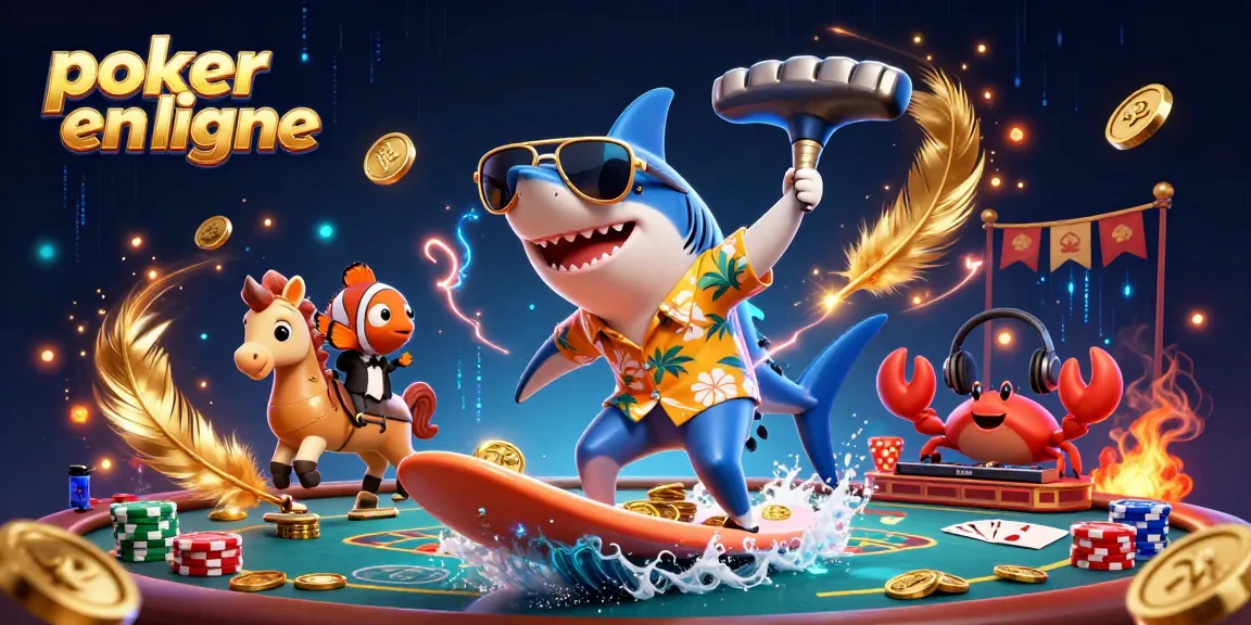 Jouez au poker en ligne avec des personnages colorés dans une scène animée remplie de détails captivants.