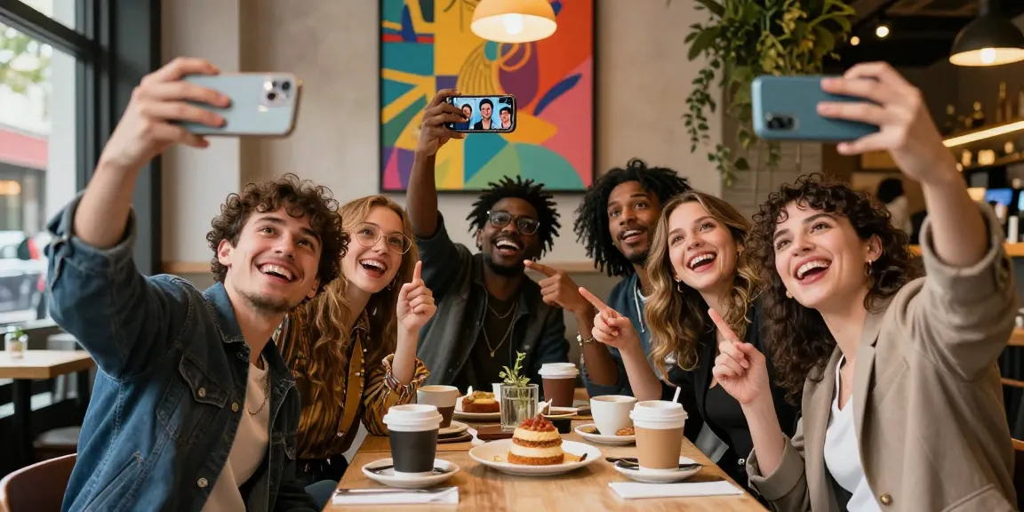 Café friends discovering their celebrity look alike with digital screens and selfies.
