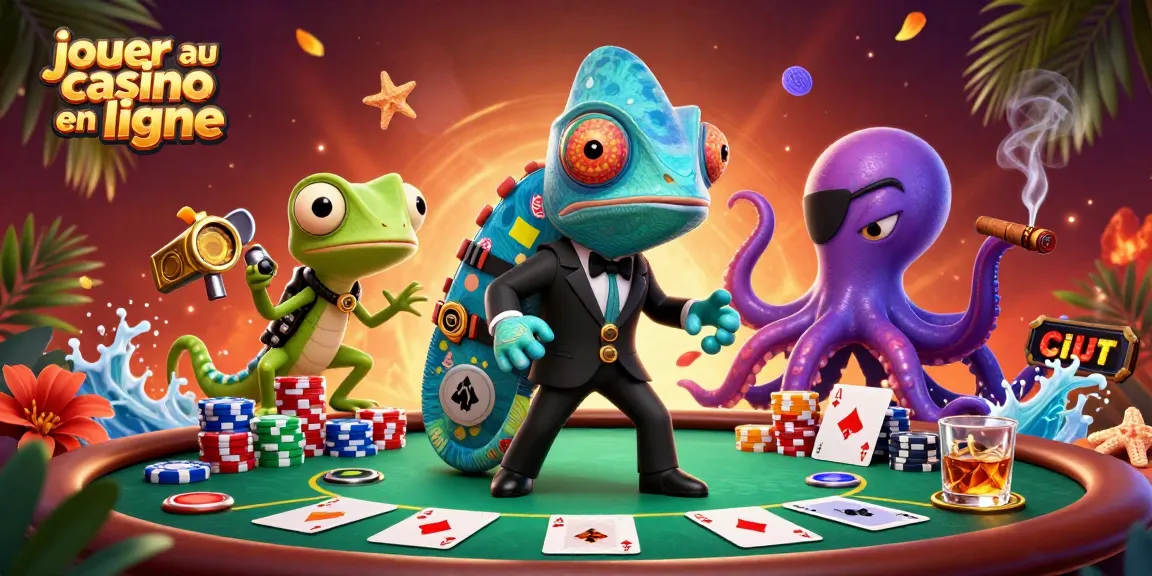 Jouer au casino en ligne : illustration captivante d'un caméléon agent secret, compagnon gecko et pieuvre maléfique autour d'une table de poker.