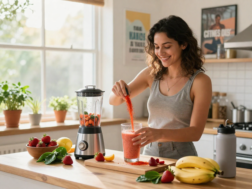 Health enthusiast preparing a smoothie with natural astaxanthin and fresh fruits in a bright kitchen.