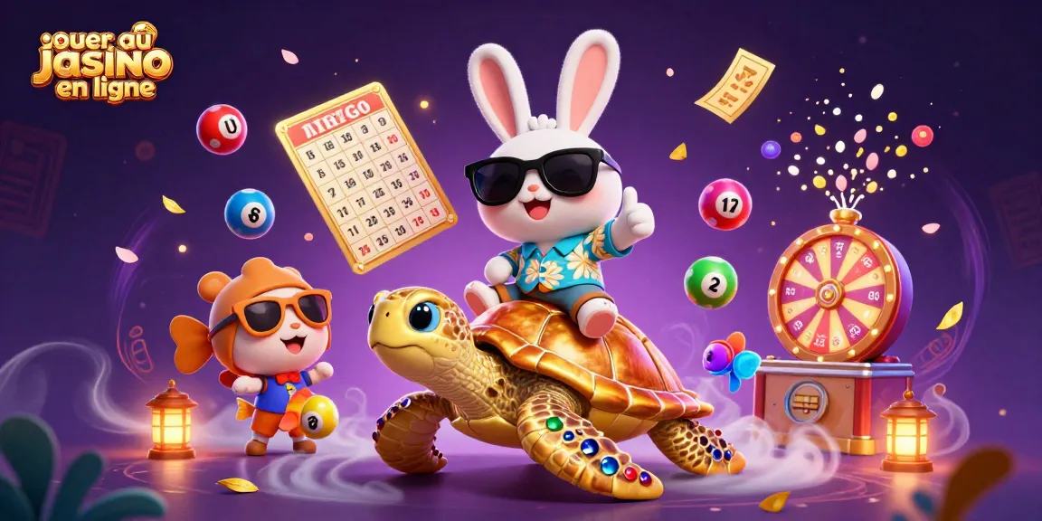 Jouer au casino en ligne avec un lapin chanceux et une tortue géante dans une illustration colorée.