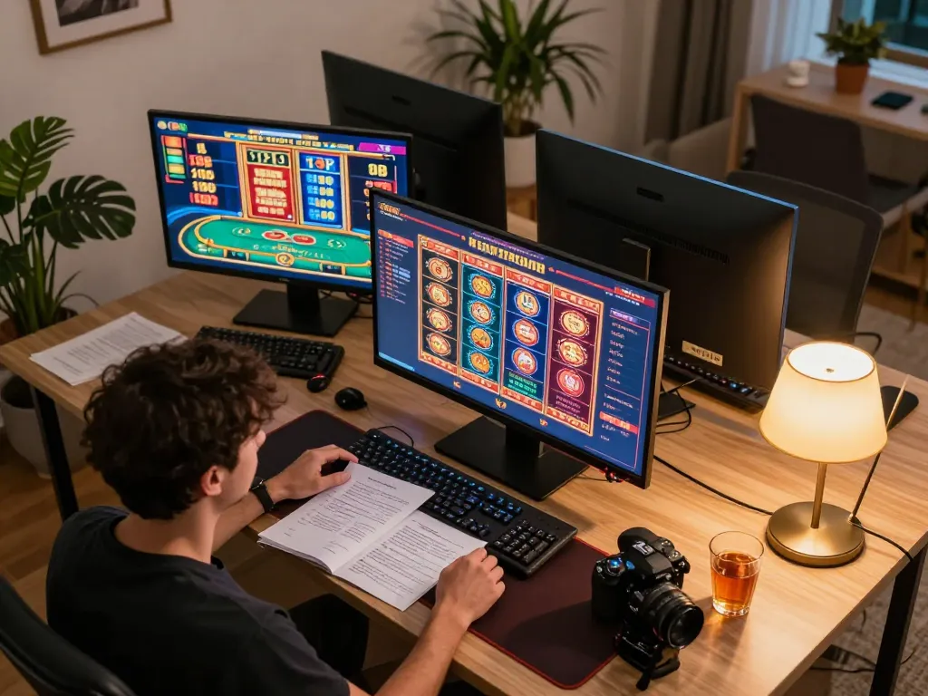 A player engages with the best widget store during an online poker game, featuring multiple screens and strategic notes.