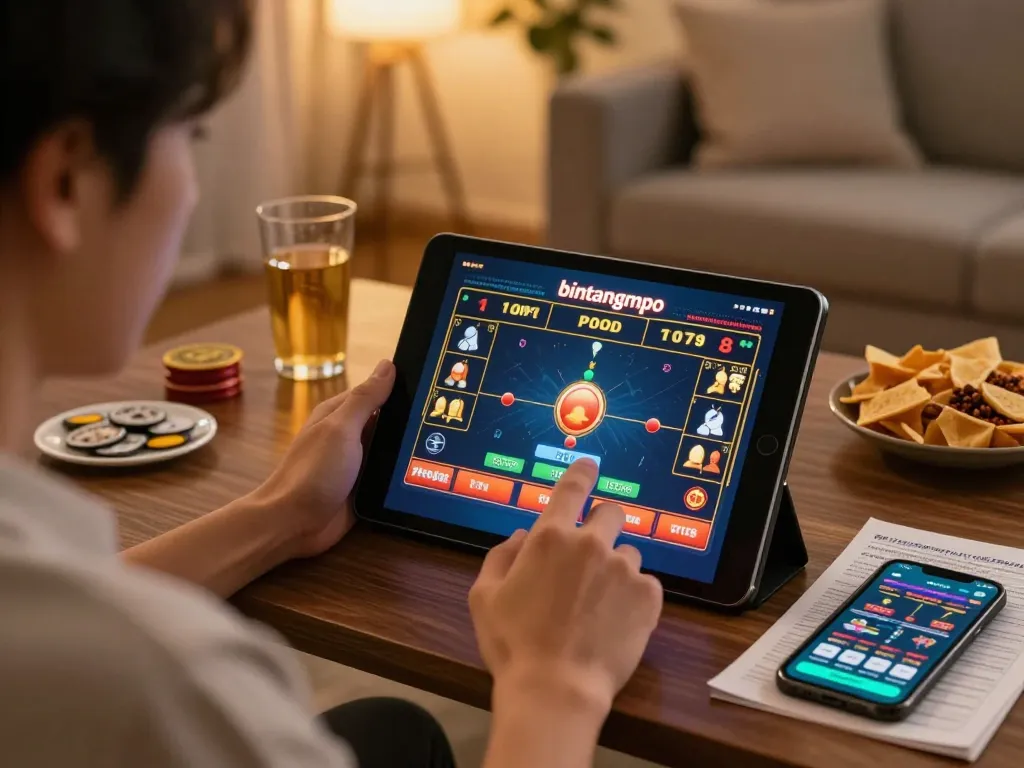 Pengguna Bintangmpo terlibat dalam taruhan kasino online dengan tablet di suasana rumah yang nyaman.