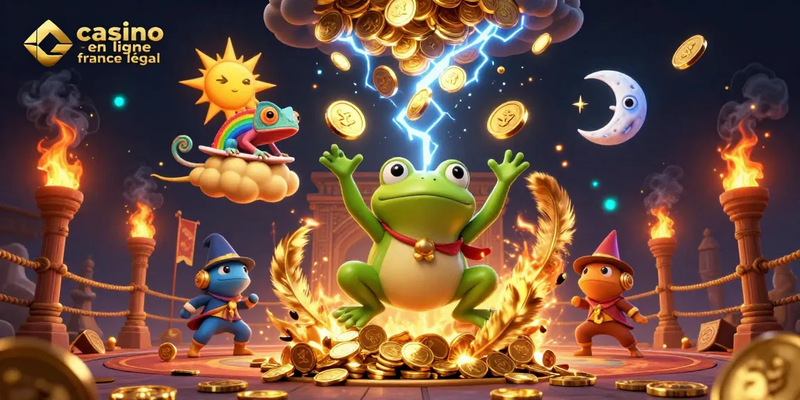Jouez sur un casino en ligne légal en France avec une vue magique sur un personnage créant une tempête de pièces d'or.