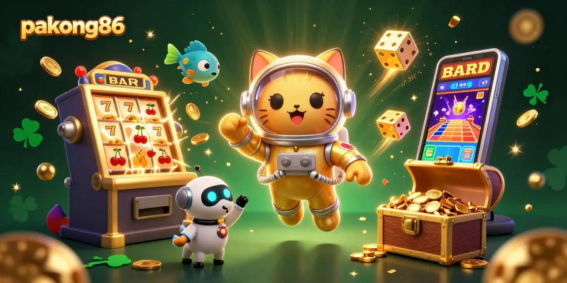 Pakong86 showcases an astronaut cat and robot dog amidst a vibrant casino scene filled with jackpots.