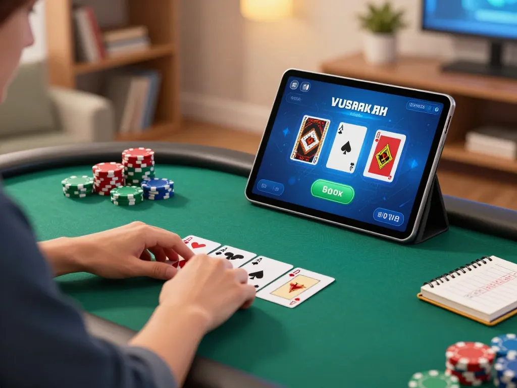 Player enjoying rokok88 online poker game on tablet, highlighting strategic betting and responsible gaming.