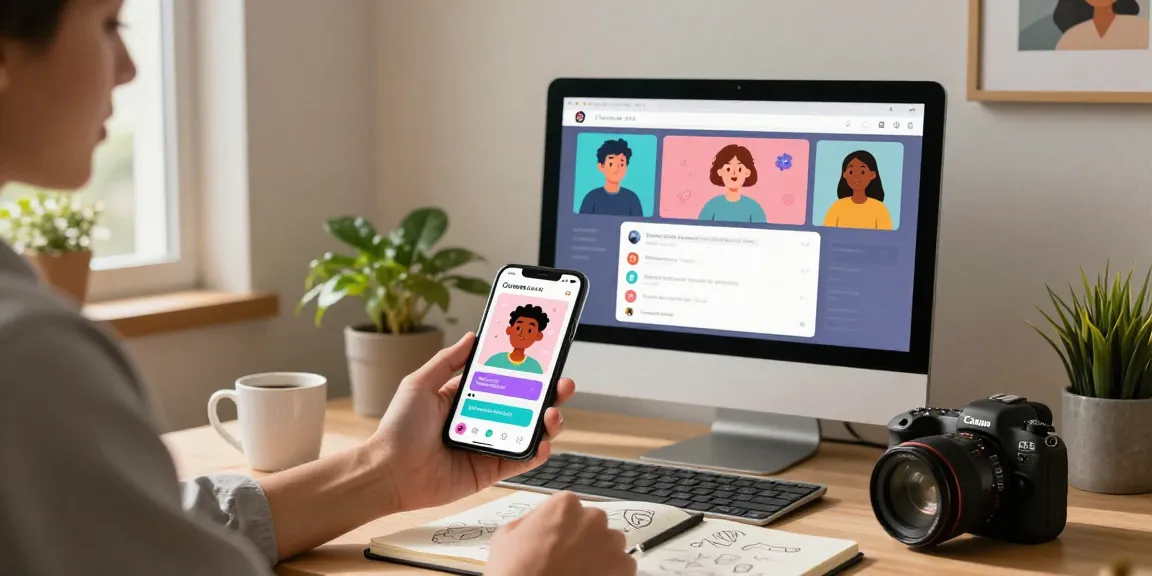 Engaging scene with user interacting with Crushon AI on smartphone, showcasing vibrant character avatars in a cozy home office.