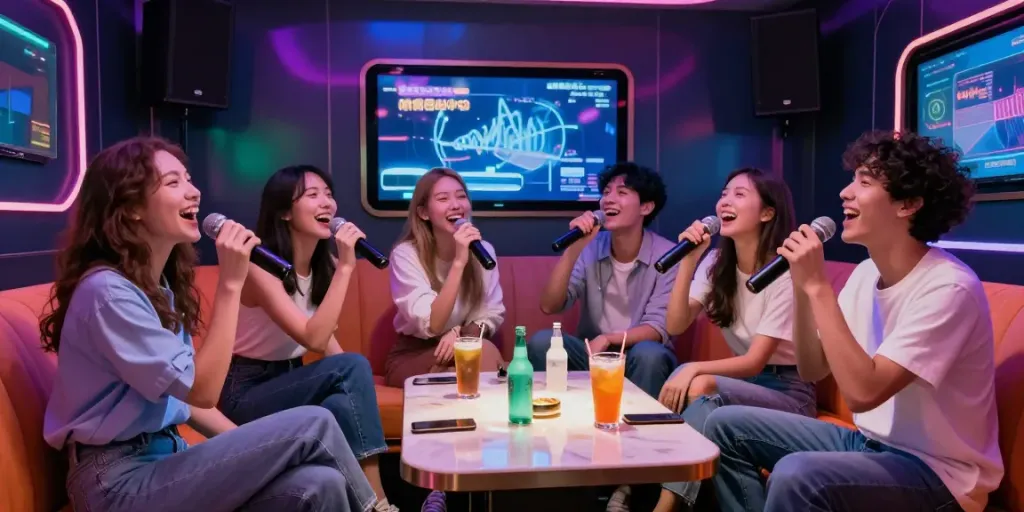 달토 가라오케에서 친구들과 함께 신나는 노래 부르는 모습