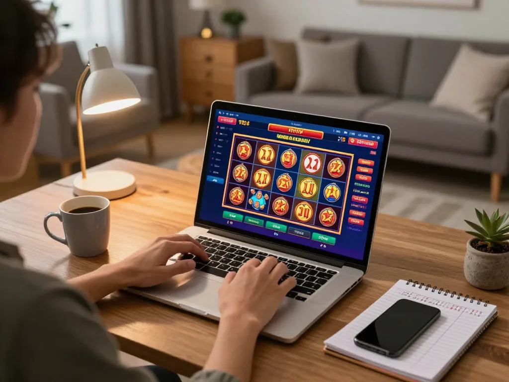 Engaging moment in online casinos Canada with a player strategizing on a vibrant laptop interface.