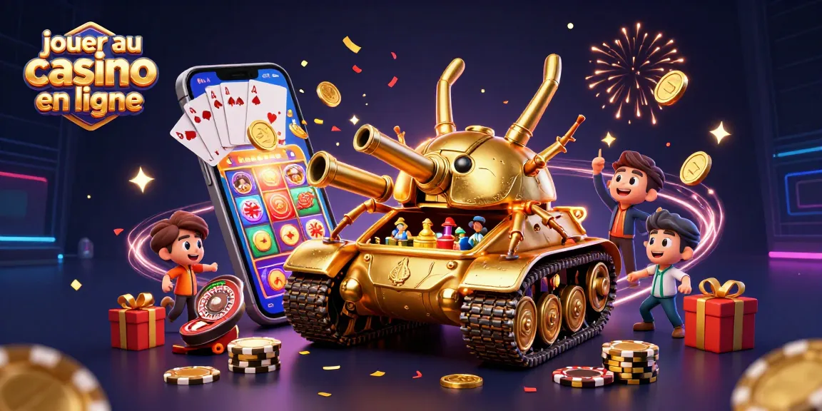 Jouer au casino en ligne avec une illustration 3D festive et riche en jeux de casino.
