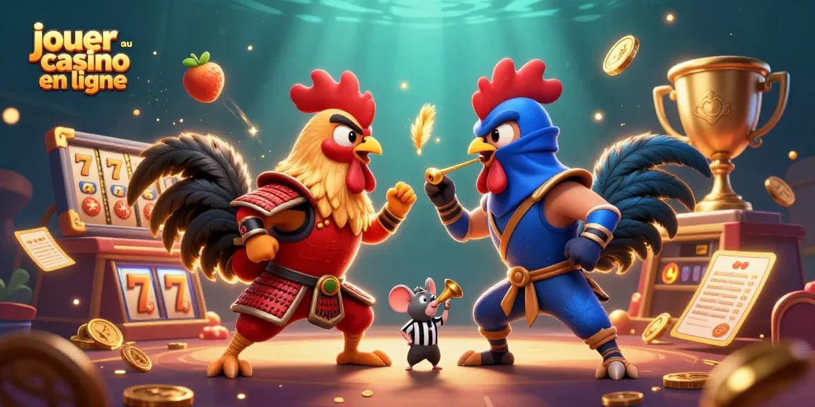 Jouer au casino en ligne avec des personnages colorés dans une illustration dynamique de combat de coqs.