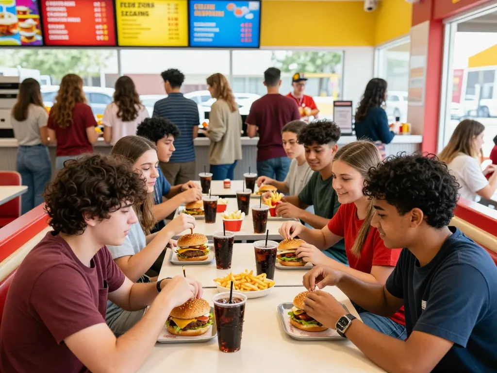 Friends enjoying fast food prices together at a bustling restaurant, showcasing menu items and vibrant atmosphere.