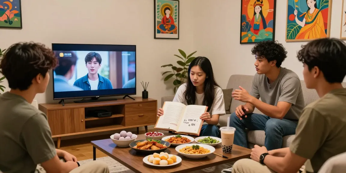 Gathering at https://hanadultalk.com discussing Asian culture and language learning in a cozy living room.