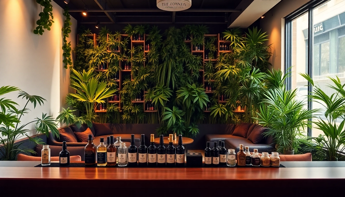 A vibrant interior of The Corner Cannabis Club Madrid: showcasing cozy seating and cannabis products on display.