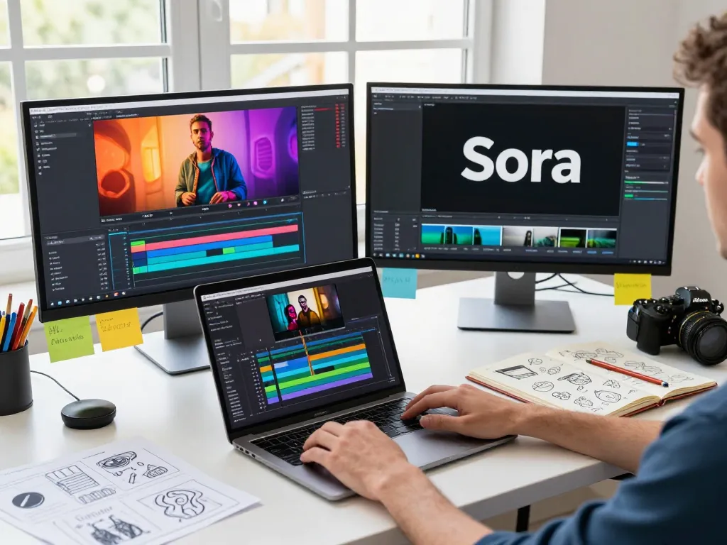 Designer generating video to prompt using AI software in a bright modern studio.