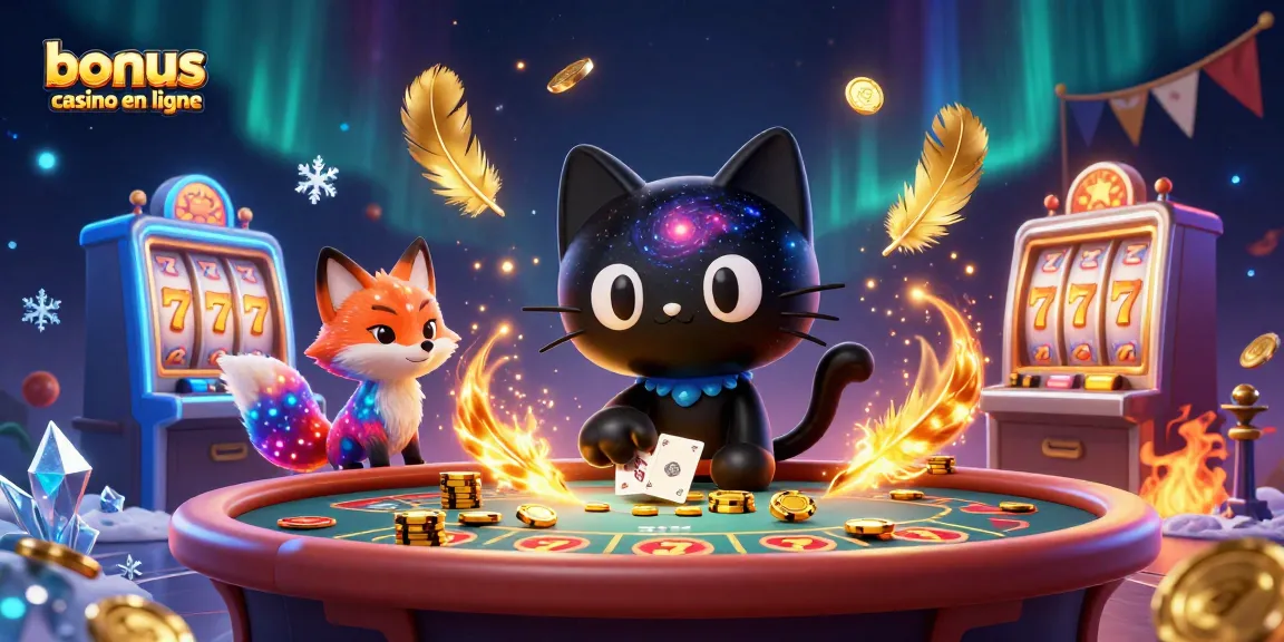 Bonus casino en ligne : Un chat trou noir et un renard nébuleux à une table de casino cosmique.