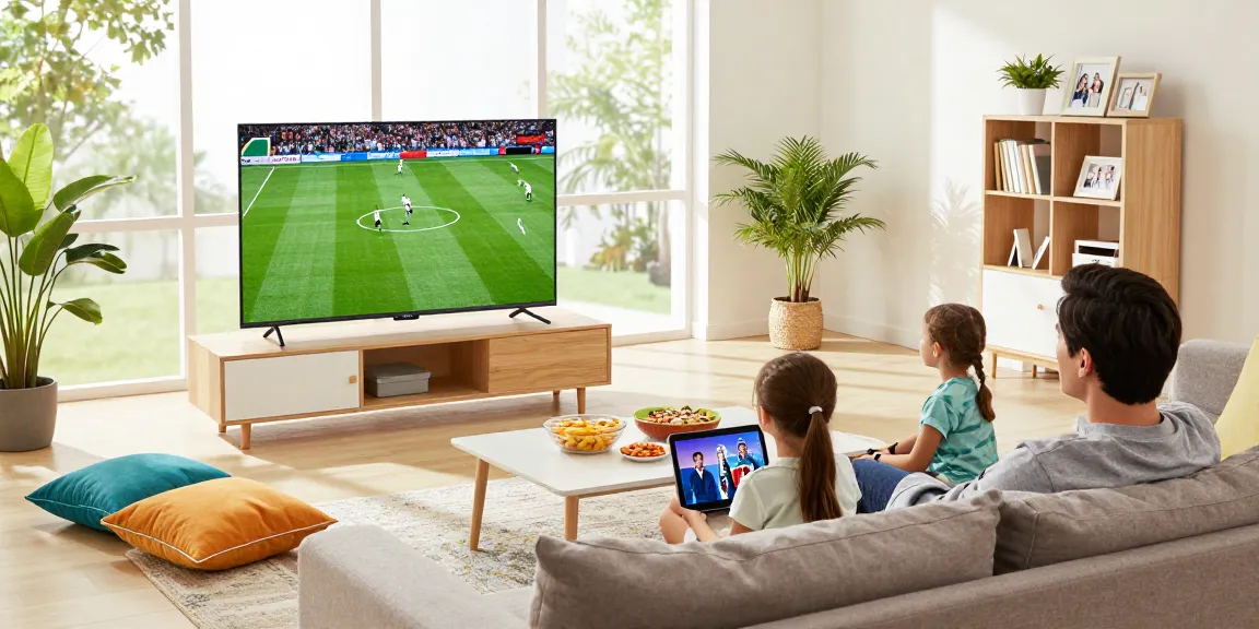 Family enjoying Iron tv streaming sports and movies in a cozy living room.