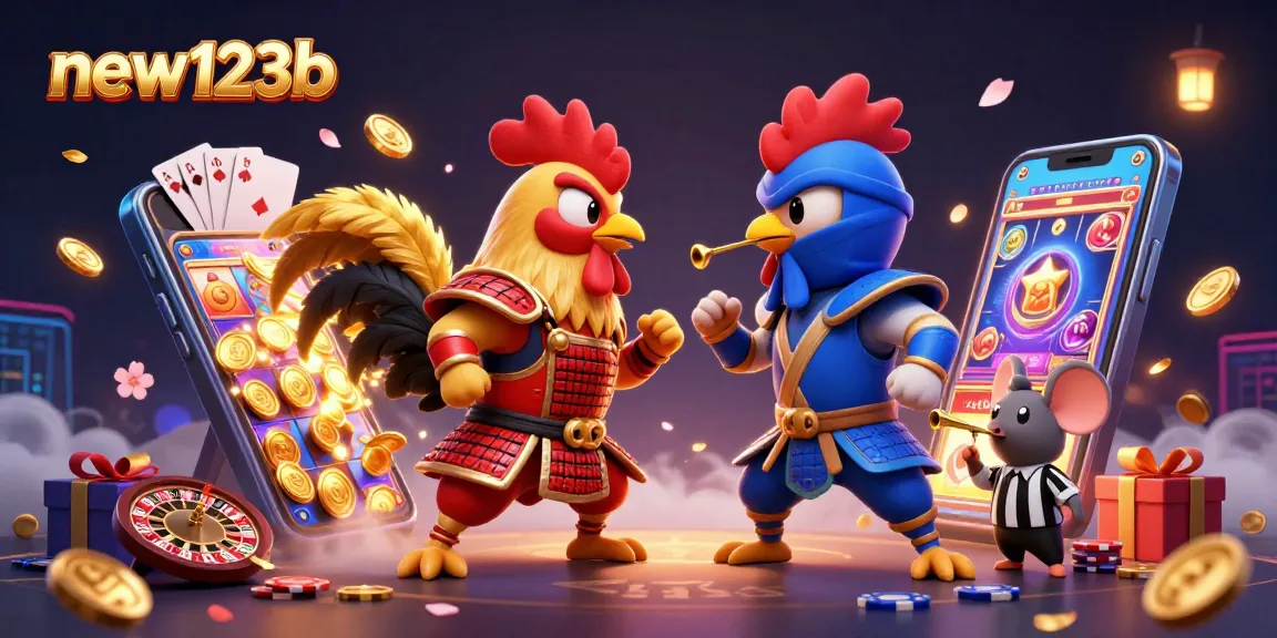 Battle between roosters in samurai and ninja gear at new123b casino, showcasing colorful game elements.