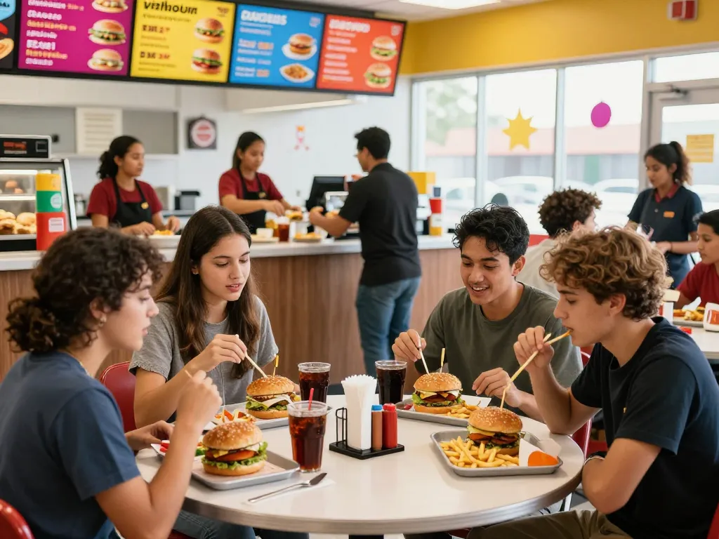 Fast food prices visible on menu board in busy restaurant scene