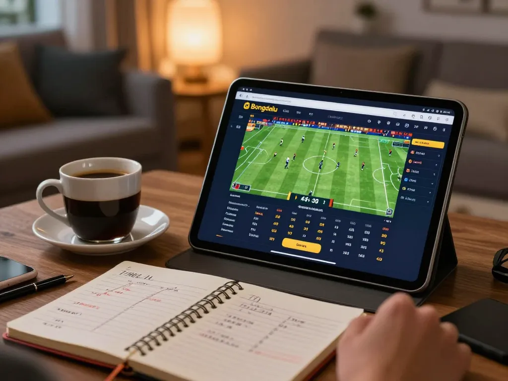Bongdalu user checking live football scores and stats on a tablet in a cozy home setting.