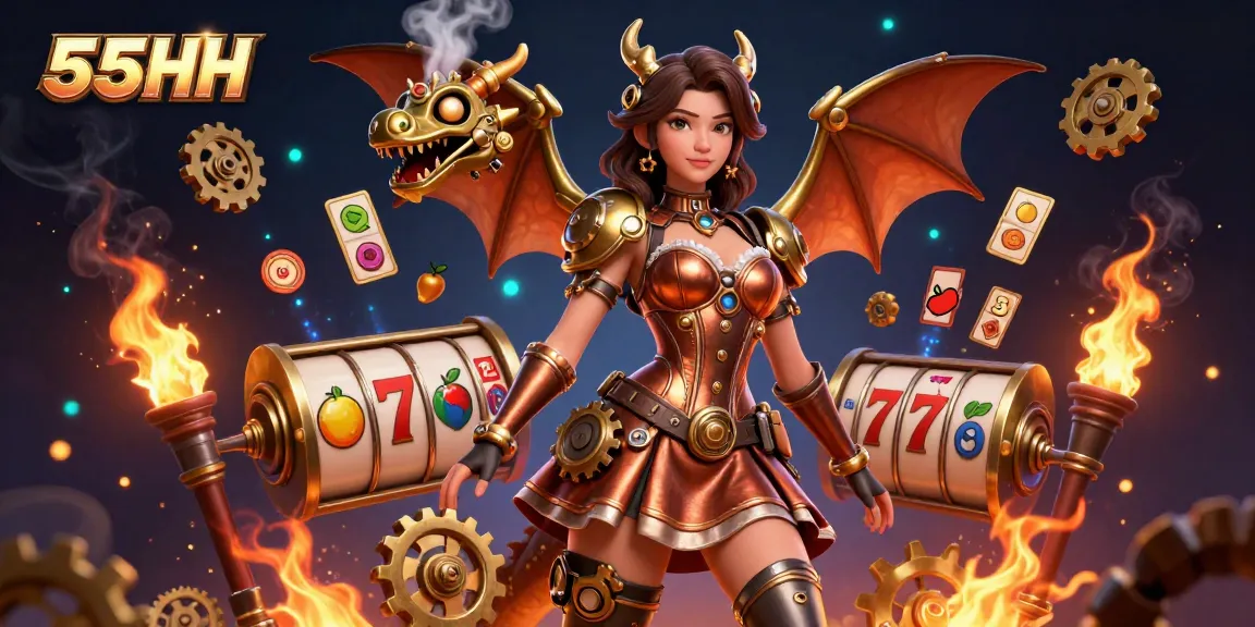 Win big with 55HH in this vibrant 3D illustration of a steampunk-themed casino adventure.