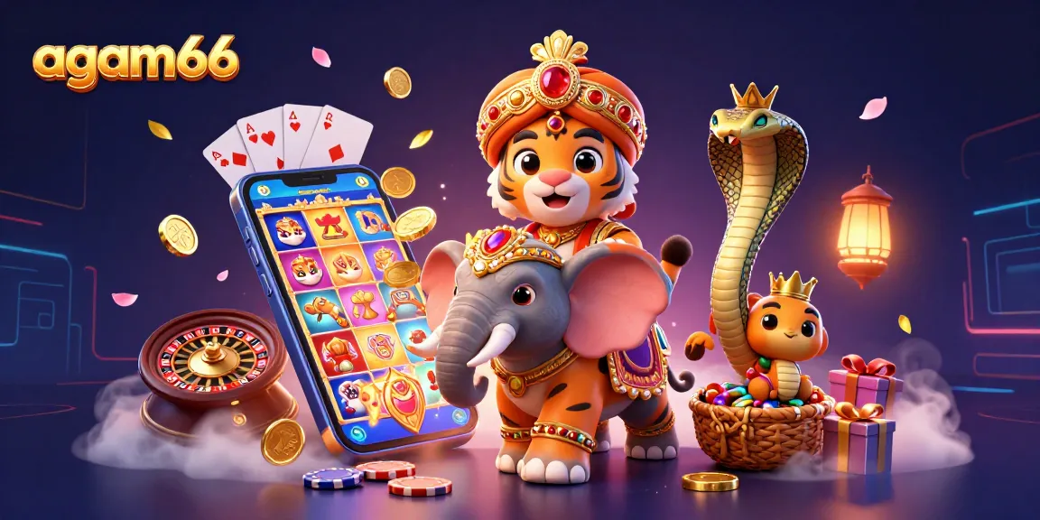 Win big with agam66 featuring a maharaja tiger and a jewel-encrusted elephant amidst vibrant slot game elements.