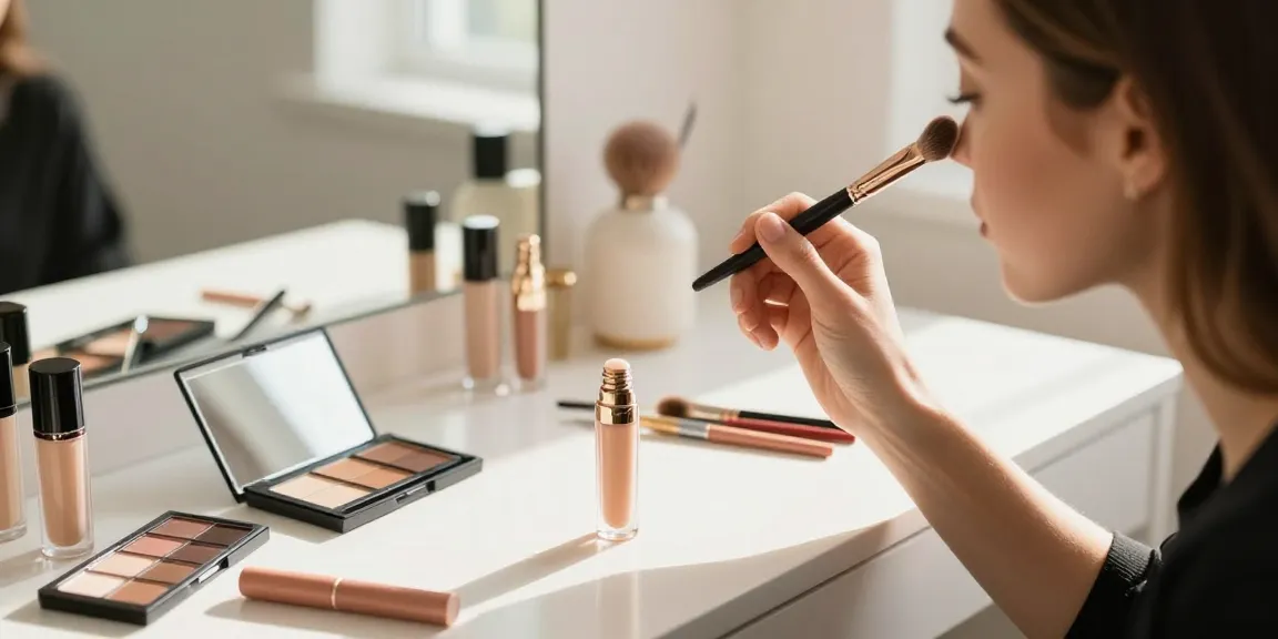 Applying makeup with an angled concealer brush for flawless coverage.