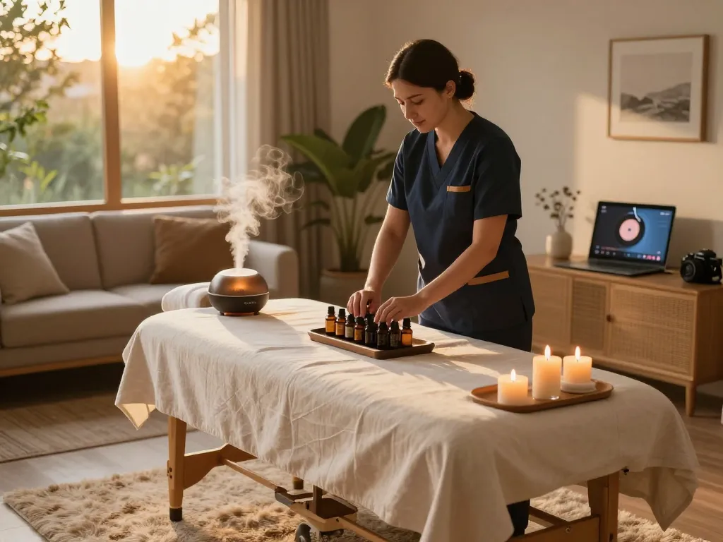Expert 출장마사지 therapist preparing a calming oil blend in a serene home setting, inviting atmosphere for relaxation.