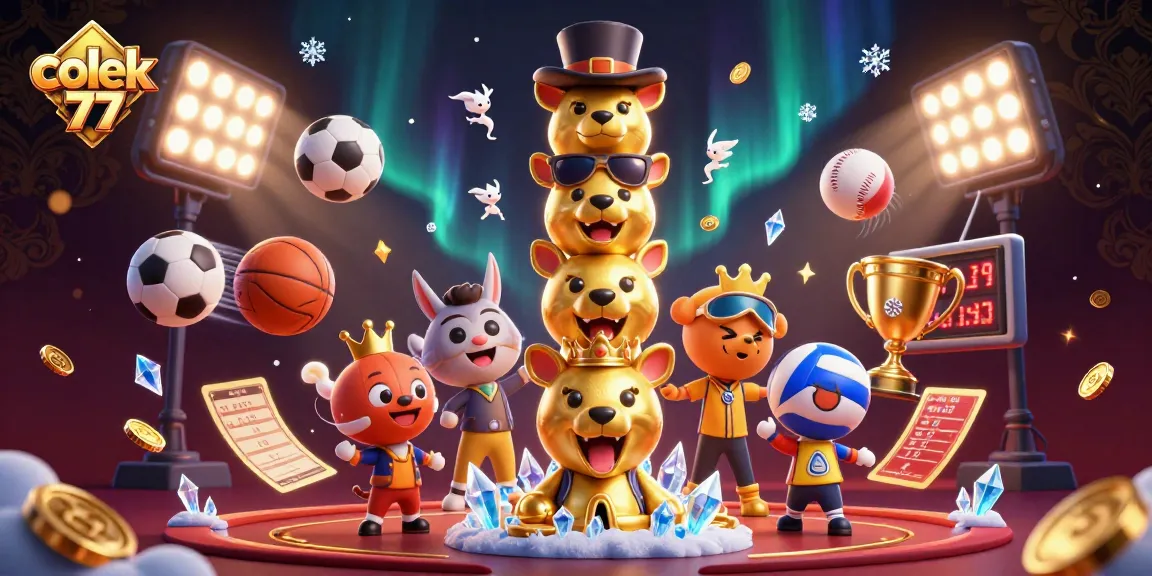 Engage with colek 77's vibrant gaming experience featuring animated casino characters and dynamic sports elements.