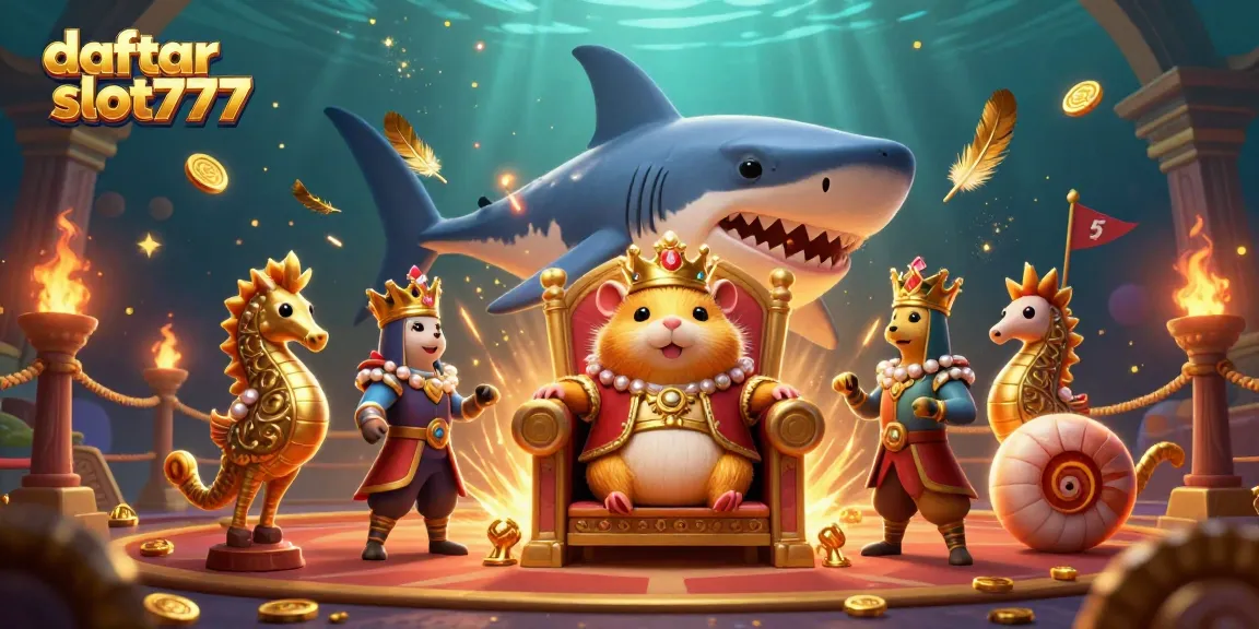 Engage with daftar slot777 in a vibrant 3D illustration featuring a hamster king and dazzling slot elements.