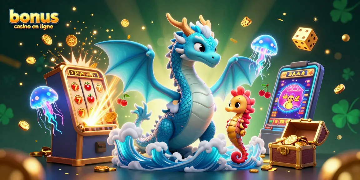 Visualisez un dragon aquatique et un chevalier hippocampe dans un bonus casino en ligne vibrant.
