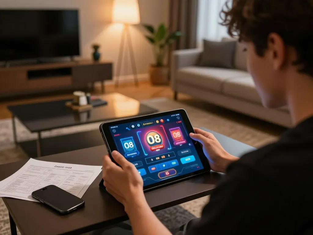 Engaging with the O8 casino app on a tablet, showcasing active online gameplay in a cozy living room