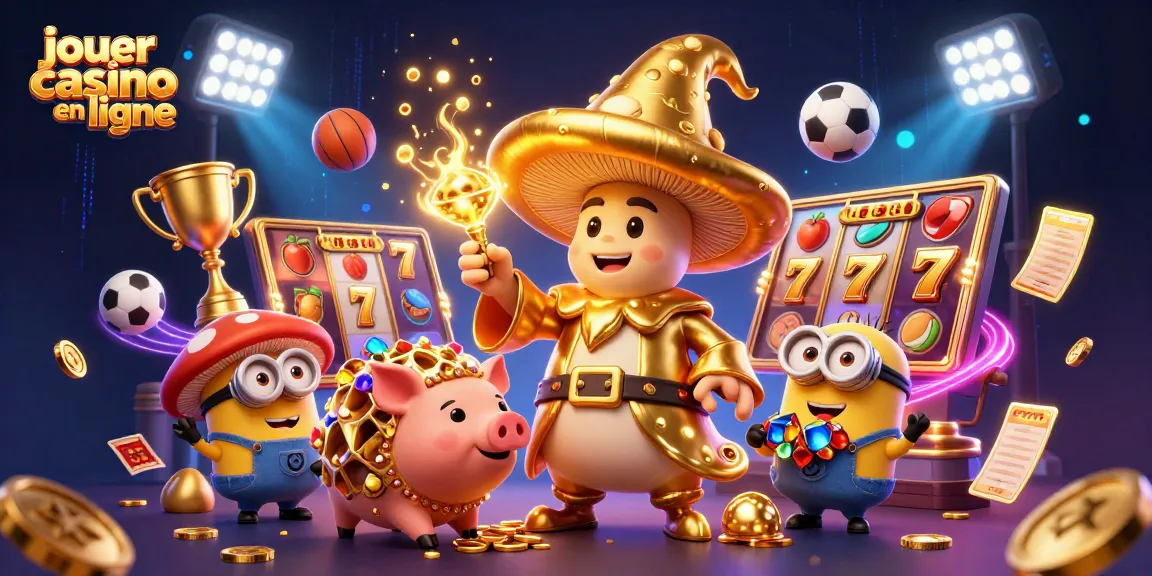 Jouer au casino en ligne avec un magicien champignon doré entouré de trésors et de symboles de jeu.