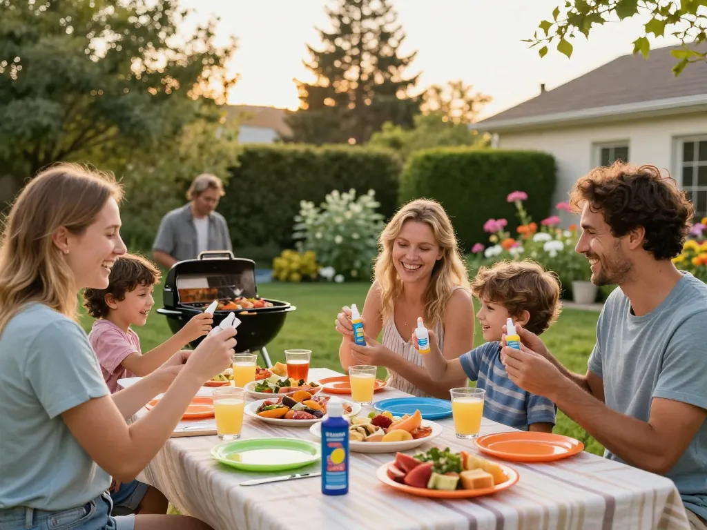 Family enjoying a summer barbecue while using the best mosquito repellent for outdoor protection.