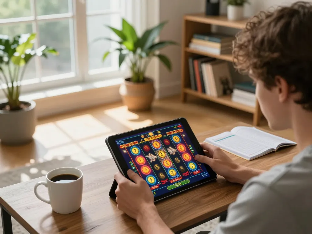 Engaged player enjoying slot depo 1000 on a tablet, showcasing excitement in a cozy home environment.