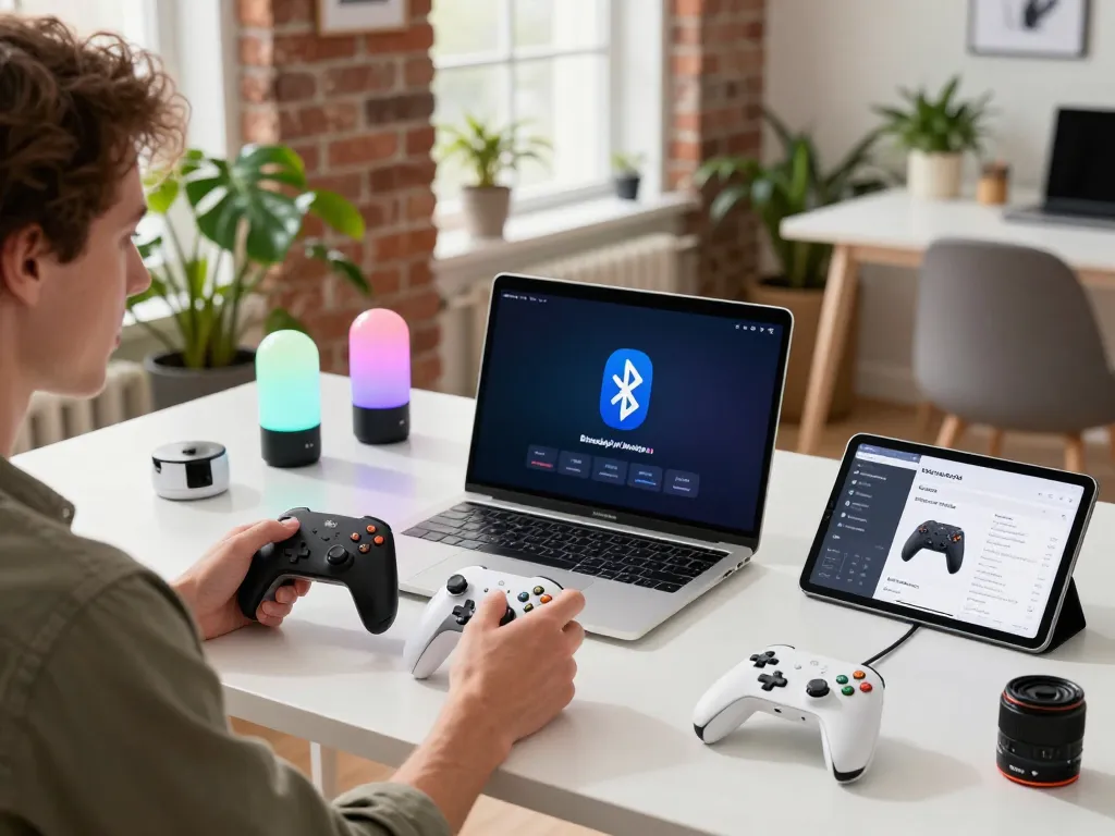 Innovative workspace showcasing must have tech gadgets including Bluetooth controllers and smart devices on a modern desk.