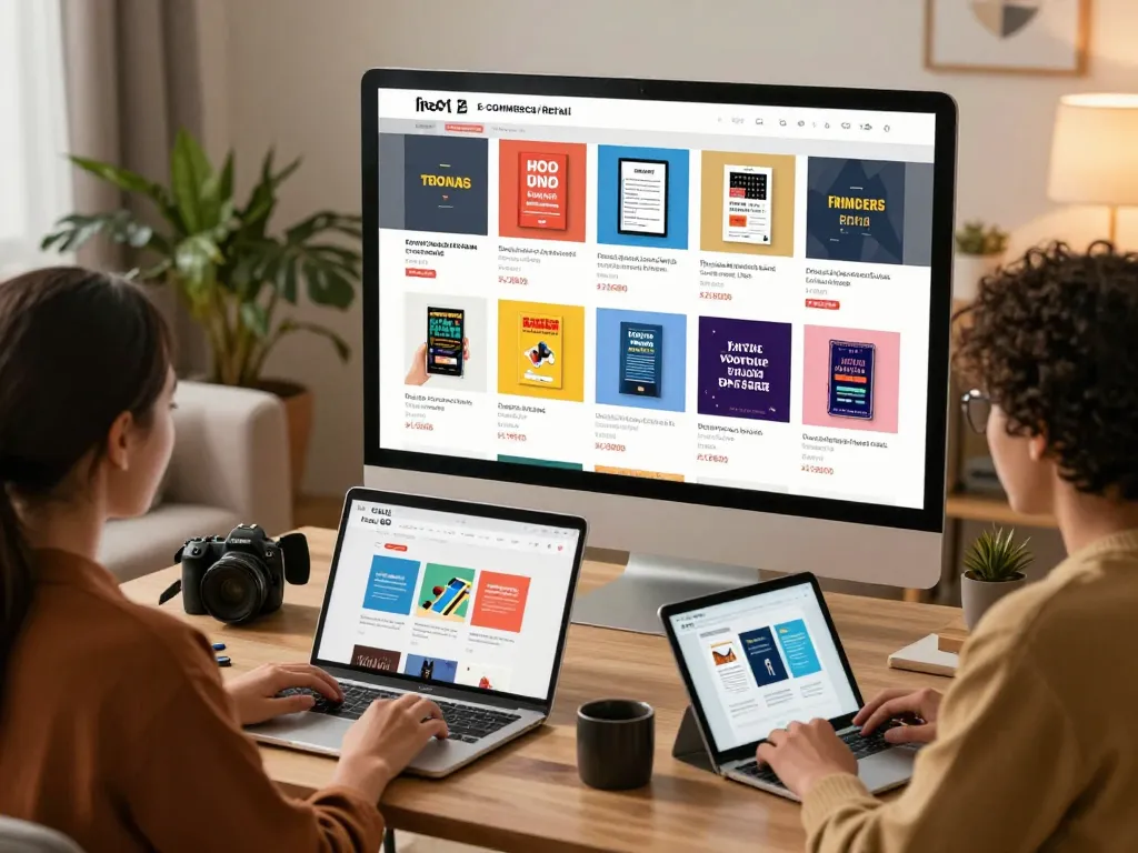 Buy Private Label Rights Products through a vibrant e-commerce scene with individuals browsing digital templates and eBooks.