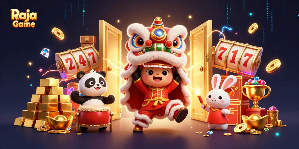 Engage in thrilling gameplay at Raja Game with slot machines, dragon dance, and festive elements.