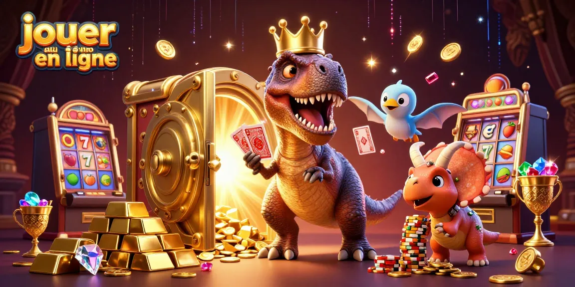 Jouez au casino en ligne avec un T-Rex tentant de mélanger des cartes pendant qu'un ptérosaure aide, illustré dans un monde extravagant.
