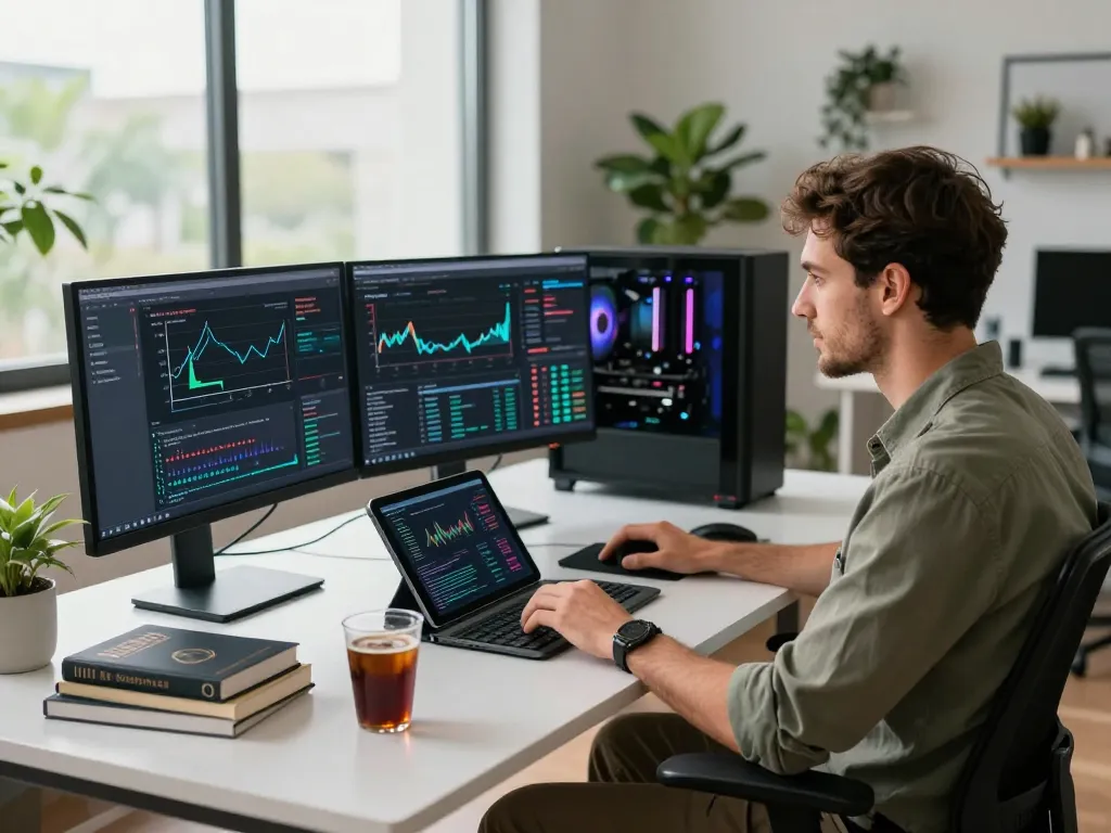 Expert engineer at a digital asset mining platform workspace analyzing complex cryptocurrency algorithms and trends in 2026.