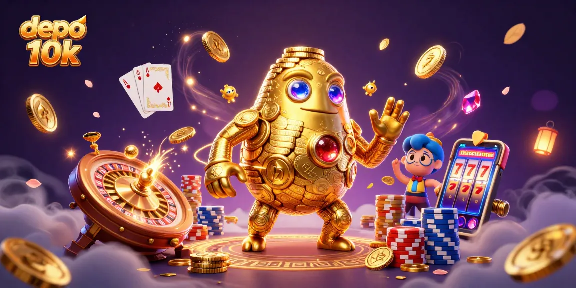 Experience the thrilling excitement of depo 10k with golden golems, roulette wheels, and vibrant casino elements.